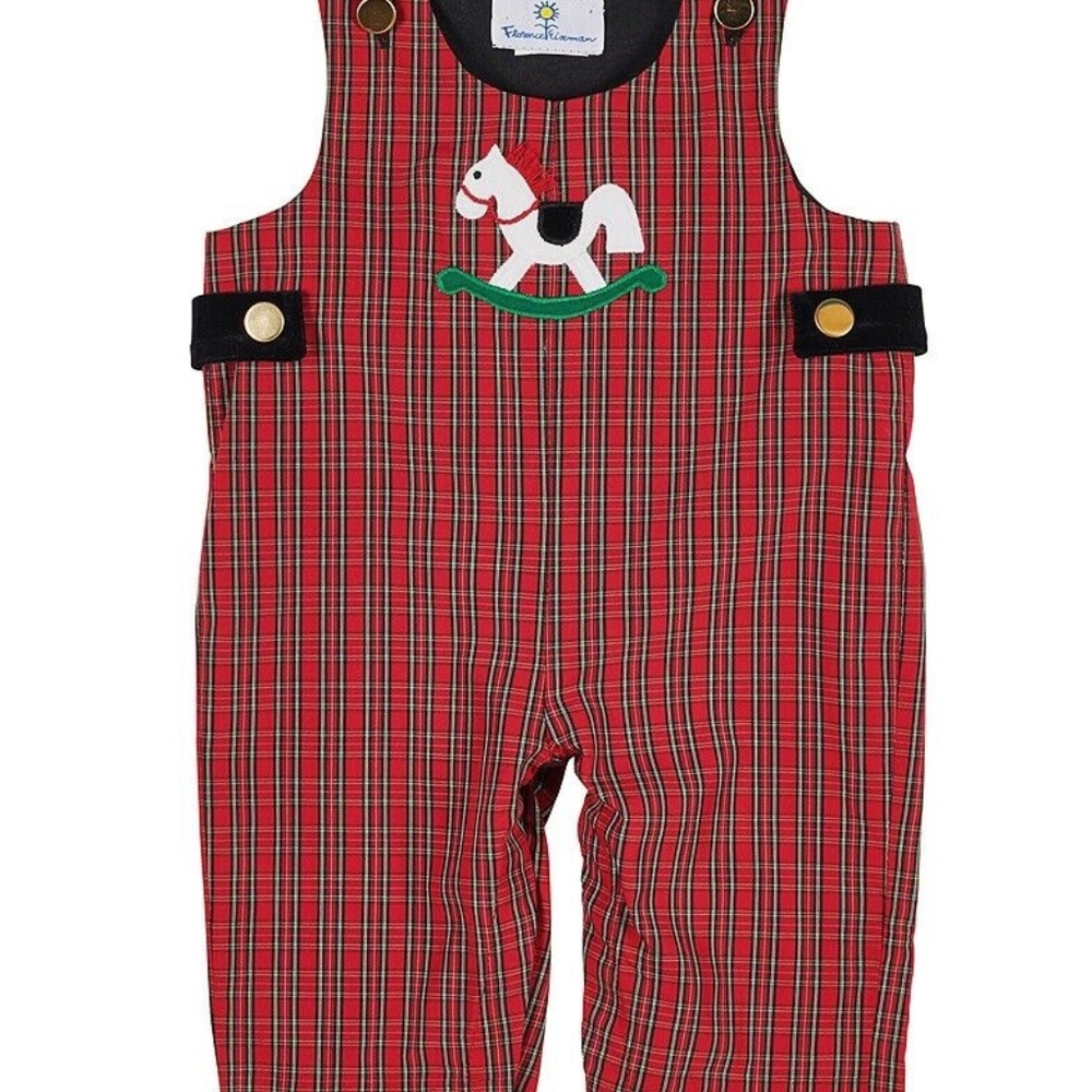 Florence Eiseman NWT Baby Boy Red Holiday Plaid Rocking Horse Longall Overall 9M